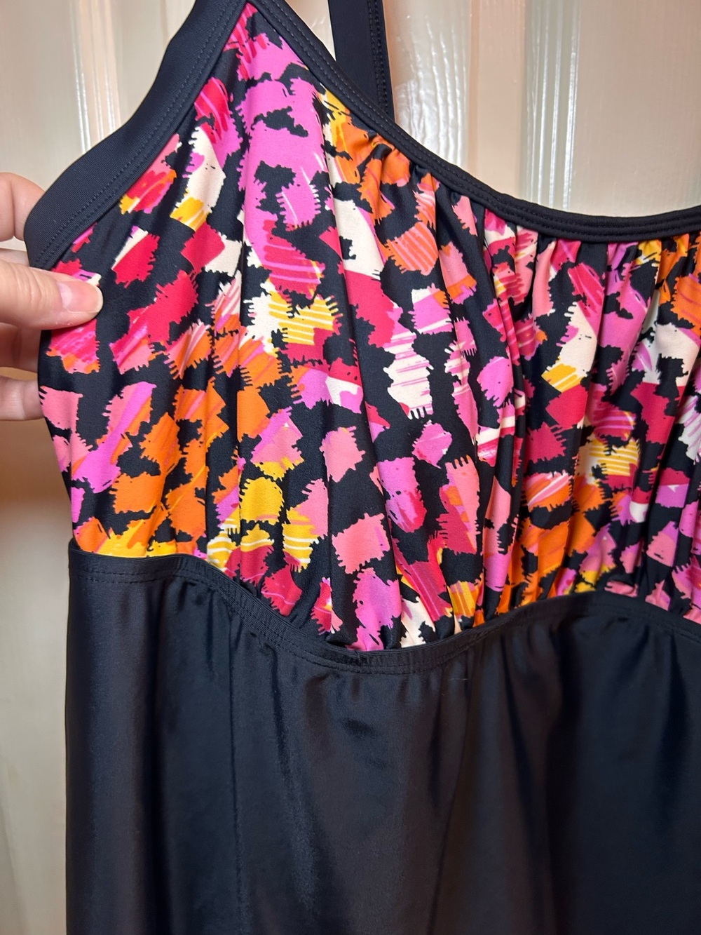 Black one piece underneath with dress. Pink & Orange Patterned Bust - Picture 2 of 7